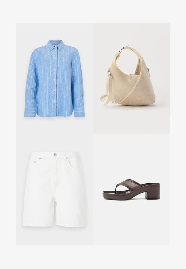Camisa de lino azul claro con rayas verticales blancas, de mangas largas, con cierre de botones en la parte delantera y un cuello clásico. Tejido texturizado con un corte relajado.; Pantalones cortos de mezclilla blancos con un corte recto, que cuentan con bolsillos frontales y un cierre de botón. La tela tiene una textura suave y sin patrones visibles.; Sandalia marrón con tacón, banda de malla y diseño de tira, con tacón cuadrado y suela cosida, mostrada de perfil sobre fondo blanco.; Bolso beige con forma de media luna, con texturas de tela mixtas, asa corta y correa de hombro desmontable, sobre un fondo claro.