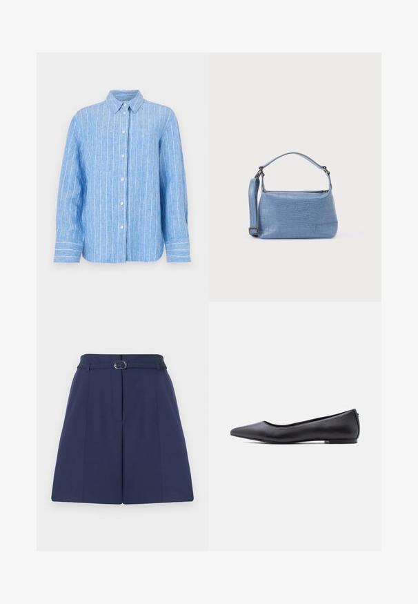 Camisa de lino azul claro con rayas verticales blancas, de mangas largas, con cierre de botones en la parte delantera y un cuello clásico. Tejido texturizado con un corte relajado.; Shorts ajustados de color azul marino con cinturón, que cuentan con un lazo para el cinturón, detalles de pliegues y una textura de tela suave. Corte recto estándar.; Zapato plano de cuero negro con punta puntiaguda y tacón bajo, mostrado de perfil contra un fondo blanco.; Bolso azul claro con relieve de cocodrilo, asa corta y correa de hombro desmontable. Textura lisa con cierre de cremallera.