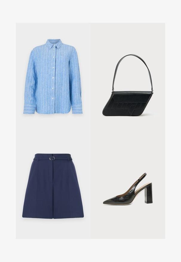 Camisa de lino azul claro con rayas verticales blancas, de mangas largas, con cierre de botones en la parte delantera y un cuello clásico. Tejido texturizado con un corte relajado.; Shorts ajustados de color azul marino con cinturón, que cuentan con un lazo para el cinturón, detalles de pliegues y una textura de tela suave. Corte recto estándar.; Zapato slingback de piel negra con puntera puntiaguda, tacón alto y ancho, y forro interior beige sobre un fondo claro y liso.; Bolso de hombro de cuero negro con forma triangular, logo en relieve y una sola correa ajustable. Diseño minimalista con textura suave.