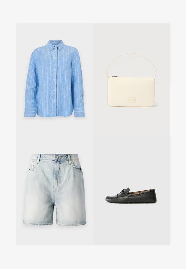 Camisa de lino azul claro con rayas verticales blancas, de mangas largas, con cierre de botones en la parte delantera y un cuello clásico. Tejido texturizado con un corte relajado.; Pantalones cortos de mezclilla azul claro con cierre de botón, cinco bolsillos y una textura deslavada. Corte recto con un diseño clásico.; Zapato náutico de cuero negro con punta redondeada, detalles de costura, pequeño lazo decorativo y suela de goma. Textura suave y diseño aerodinámico.; Bolso rectangular color crema con una sola correa y cremallera superior, con una pequeña placa de logotipo en relieve en el frente.