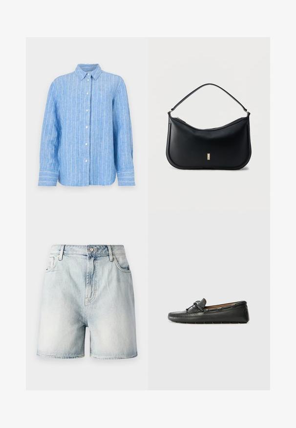 Camisa de lino azul claro con rayas verticales blancas, de mangas largas, con cierre de botones en la parte delantera y un cuello clásico. Tejido texturizado con un corte relajado.; Pantalones cortos de mezclilla azul claro con cierre de botón, cinco bolsillos y una textura deslavada. Corte recto con un diseño clásico.; Zapato náutico de cuero negro con punta redondeada, detalles de costura, pequeño lazo decorativo y suela de goma. Textura suave y diseño aerodinámico.; Bolso de hombro de cuero negro con una sola correa, diseño minimalista, fondo curvo y una pequeña placa rectangular dorada con el logo en la parte frontal.