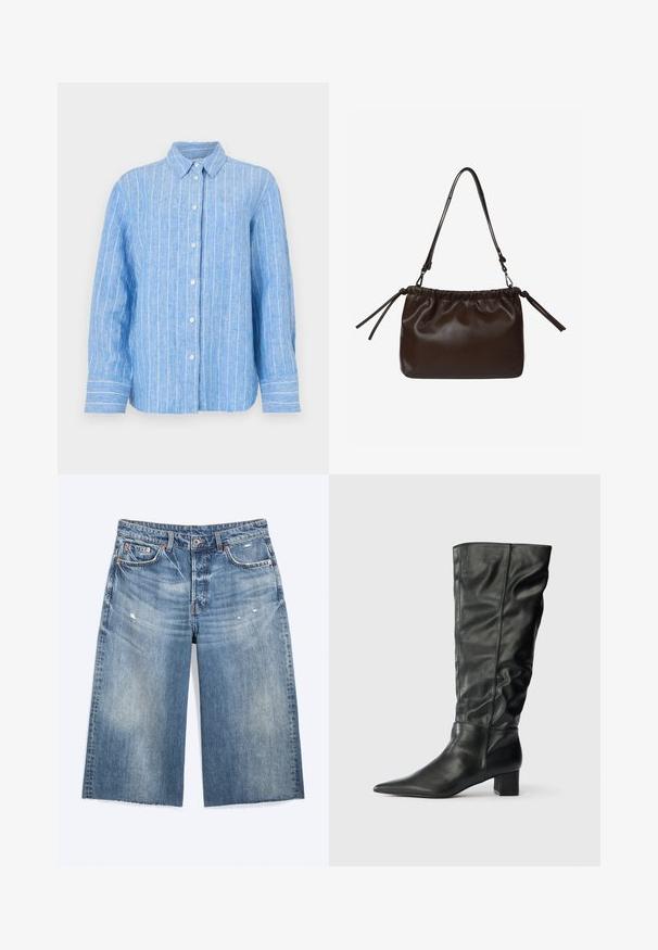Camisa de lino azul claro con rayas verticales blancas, de mangas largas, con cierre de botones en la parte delantera y un cuello clásico. Tejido texturizado con un corte relajado.; Pantalones cortos de mezclilla azul hasta la rodilla con ligero desgaste, bolsillos delanteros, trabillas para cinturón y cierre de botón.; Botas de cuero negras hasta la rodilla que presentan una punta afilada, un eje caído y un tacón cuadrado. Textura suave con costuras mínimas visibles.; Bolso de hombro de cuero marrón con diseño fruncido, correa ajustable y detalles de borlas. Textura suave con acabado brillante.