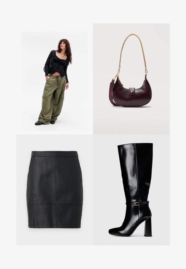 Joven con cabello rizado, vistiendo una blusa de encaje negro, collares en capas, pantalones cargo oliva de gran tamaño, zapatos negros y llevando un bolso de hombro negro.; Falda de cuero negro con una superficie texturizada, que presenta un diseño recto y una silueta ajustada. Sin hardware ni acentos visibles.; Bota de cuero negra brillante hasta la rodilla con tacón cuadrado y pequeña correa decorativa con hebilla alrededor del tobillo.; Bolso de mano de cuero en forma de media luna de color púrpura oscuro con correa de cadena dorada y correa lateral de tela, con un pequeño cierre dorado en la solapa frontal.