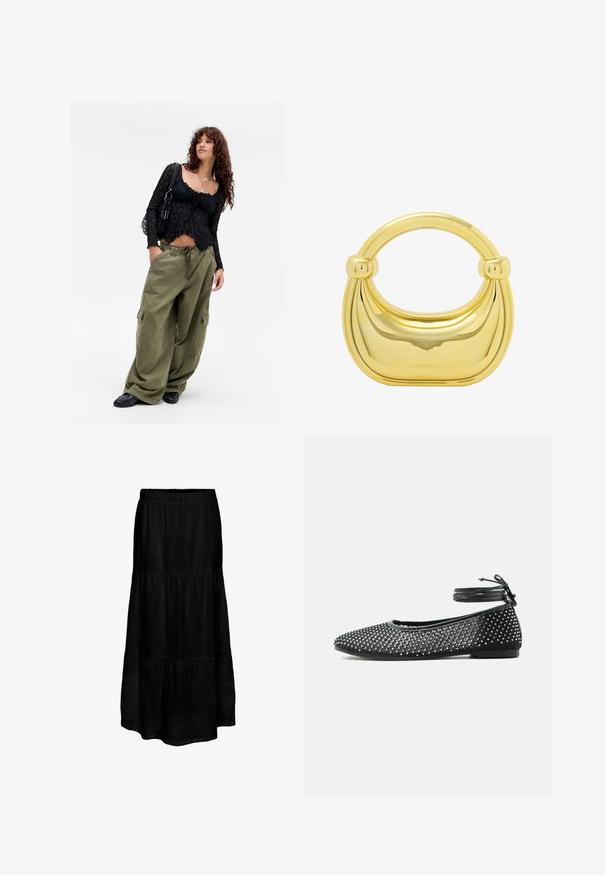 Joven con cabello rizado, vistiendo una blusa de encaje negro, collares en capas, pantalones cargo oliva de gran tamaño, zapatos negros y llevando un bolso de hombro negro.; falda maxi negra, con capas y cinturilla elástica, hecha de un tejido ligero, con un acabado texturizado y una silueta fluida.; Zapato plano negro con malla y adornos de brillantes, con cordones que rodean el tobillo y se atan en un lazo.; Bolso de mano metálico dorado con un diseño suave y curvado y un asa redondeada. Presenta un acabado pulido y acentos sin costuras.