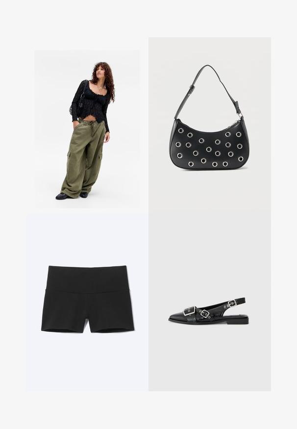 Jonge vrouw met krullend haar, gekleed in een zwarte kanten top, met gelaagde kettingen, oversized olijfgroene cargobroek, zwarte schoenen en een zwarte schoudertas.; Zwarte nauwsluitende sportshorts met een brede tailleband, ontworpen voor comfort en flexibiliteit.; Zwart leren slingback schoen met een spitse neus, twee zilveren gespen en een lage blokhak. Bevat een gemêleerde bovenkant en een open achterkant.; Zwarte leren schoudertas met verstelbare riem, voorzien van zilveren metalen oogjes en een ritssluiting bovenaan.