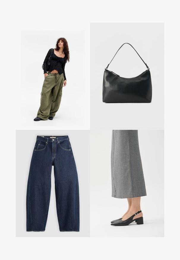 Ung kvinde med krøllet hår iført en sort blondetop, lagdelte halskæder, overdimensionerede olivenfarvede cargo-bukser, sorte sko og bærende en sort skuldertaske.; Mørkeblå denim jeans med løs pasform, lyse syninger, fem lommer og en knaplukning ved taljen.; Sorte læder slingback sko med spids tå, blokhæl og kontrasterende lyserød hælafslutning. Glat tekstur med minimalistisk design.; Sort skuldertaske i struktureret læder med buet toplynlås og enkelt justerbar rem mod ensfarvet baggrund.