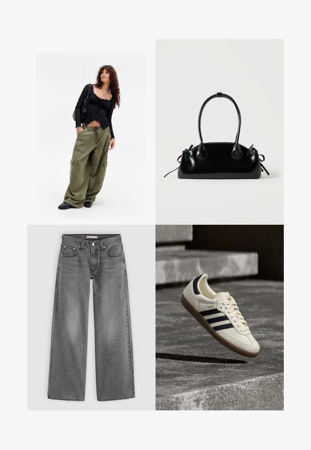 Jonge vrouw met krullend haar, gekleed in een zwarte kanten top, met gelaagde kettingen, oversized olijfgroene cargobroek, zwarte schoenen en een zwarte schoudertas.; Grijze high-waist wijde jeans met knoop- en ritssluiting aan de voorkant, twee voorzakken en riemlussen, plat gelegd op een lichte achtergrond.; Witte Adidas Samba sneaker met zwarte strepen en gumzool, zwevend boven gestructureerde grijze betonnen treden.; Kleine zwarte glanzende handtas met twee lange hengsels en zijkant trekkoord details op een effen lichte achtergrond.