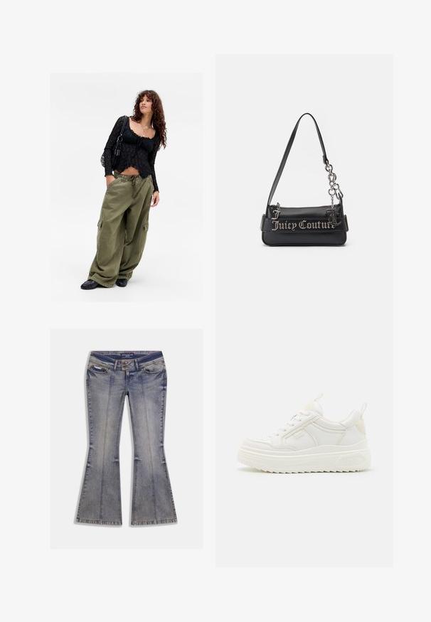 Ung kvinde med krøllet hår iført en sort blondetop, lagdelte halskæder, overdimensionerede olivenfarvede cargo-bukser, sorte sko og bærende en sort skuldertaske.; Denim jeans med vidde i lys blå med falmede pletter, forlommer og kontrastsyning. Har lynlås og mærketalje.; Hvide lædersneakers med en kraftig sål, snørebåndsdesign og subtil branding. Har en glat overflade og rund tå.; Sort håndtaske lavet af tekstureret syntetisk materiale. Har en kædestrop og sølv "Juicy Couture" logoet fremtrædende vist på forsiden.