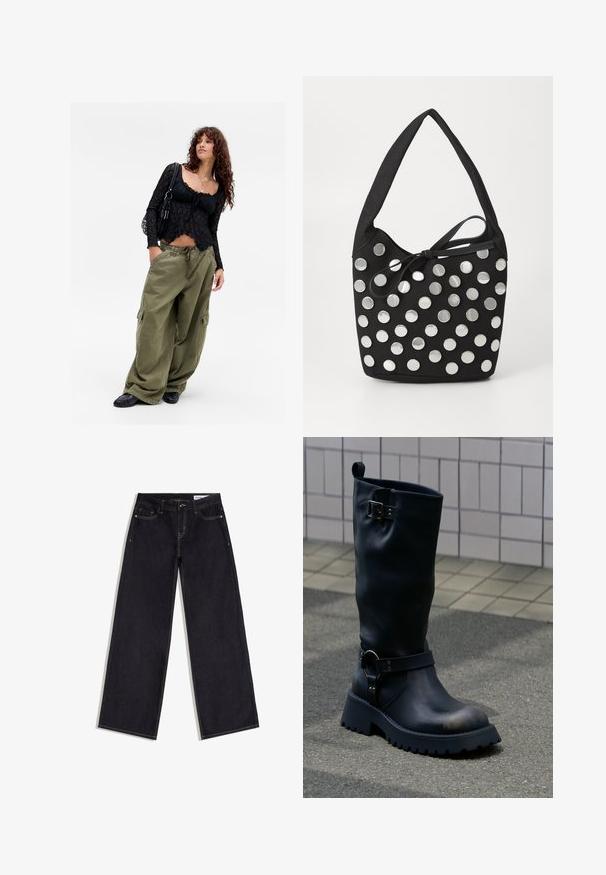 Jeune femme aux cheveux bouclés portant un haut en dentelle noire, des colliers superposés, un pantalon cargo olive surdimensionné, des chaussures noires et portant un sac à bandoulière noir.; Jean bleu foncé à jambes larges avec poches avant, passants de ceinture et surpiqûres contrastantes, posé à plat sur un fond blanc.; Botte en cuir noir mi-mollet avec semelle épaisse, boucle métallique près du sommet, et bride avec détail anneau au-dessus de la cheville, sur une surface pavée.; Sac à main en tissu noir, de forme arrondie, orné de clous métalliques ronds en argent disposés en motif, et d'un accent en tissu noué.