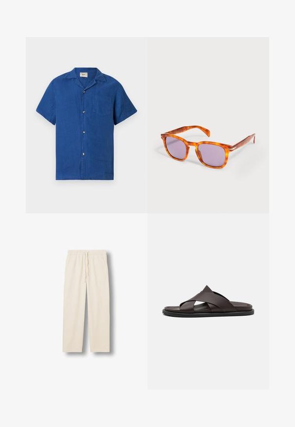 Chemise bleu à manches courtes avec col camp et poche poitrine, présentée à plat sur un fond blanc.; Pantalon beige à taille élastique avec cordon et poches latérales, coupe droite, présenté sur un fond blanc plat.; Stuart Weitzman BERKLEY - Mules - espresso; Lunettes de soleil carrées en écaille de tortue avec des verres teintés violets reposant sur une surface blanche.
