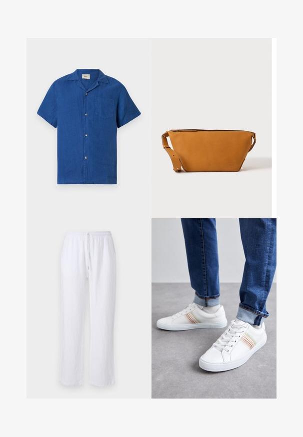 Chemise bleu à manches courtes avec col camp et poche poitrine, présentée à plat sur un fond blanc.; Pantalons en lin blancs à coupe décontractée, avec une taille élastique et un cordon de serrage. Texture lisse et jambes droites. Sans motifs ni accents.; Baskets en cuir blanc avec des rayures multicolores, design à lacets, semelle en caoutchouc et col rembourré, associées à un jean en denim bleu.; Sac bandoulière en cuir marron clair avec sangle réglable et fermeture éclair, présenté sur un fond clair uni.