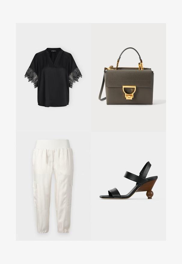 Blouse en satin noir avec col en V et manches courtes ornées d'un délicat bord en dentelle.; Pantalon cargo blanc à taille élastique avec poches à rabat latérales et poignets élastiques, présenté sur un fond uni.; Sandale noire en cuir à bout ouvert avec deux brides et un talon compensé en bois avec une base ronde en forme de boule.; Sac à main en cuir texturé gris foncé avec poignée supérieure, bandoulière amovible et fermoir rectangulaire doré sur le rabat avant.