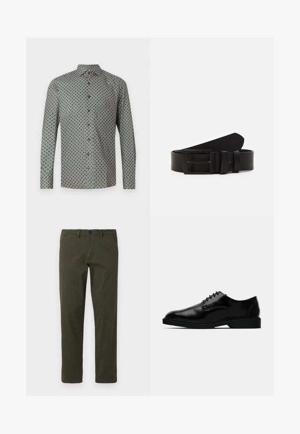 Chemise à manches longues en tissu vert ornée d'un motif floral répété. Le col est boutonné, avec des boutons bruns sur le devant.; Pantalons droits en vert olive fabriqués à partir d'un mélange de coton. Présentent une fermeture éclair, des passants de ceinture et deux poches latérales. Texture lisse.; Chaussure habillée en cuir noir avec une finition lisse, bout rond, système de laçage, et semelle en caoutchouc discrète pour une meilleure traction.; Ceinture en cuir noir roulée avec une boucle en métal rectangulaire noir mat et deux passants sur fond blanc.
