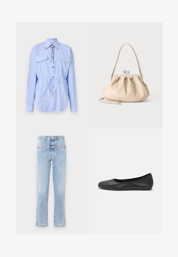 Rabanne Nööpidega pluus - tartan/blue/yellow; Heledad sinine denimpüksid kõrge vöökoht ja sirge lõige. Omab õrna kulumist, standardset viit taskut ja metallist nööbiga sulgemist.; Musthave mustika tantsutossud mustast nahast, ümmarguse varbaga, siledast tekstuurist, minimaalse õmblusdetailiga ja paindliku tallakujundusega.; Beež pehme nahast käekott hõbedase metallraami klambriga, ühe õlarihma ja valikulise kettpaelaga valgel taustal.