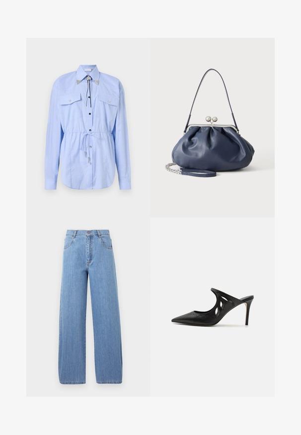 Rabanne Skjortebluser - tartan/blue/yellow; Lyseblå, vidde jeans lavet af denim, med høj talje, forlommer og diskrete syninger på sømmene.; Sorte læder højhælede mules med spids tå, udskåret sideskærm og glat tekstur. Stiletthæl og subtil syning.; Blød navyblå læderhåndtaske med sølv lukning, enkelt skulderrem og aftagelig kæde til håndleddet på hvid baggrund.