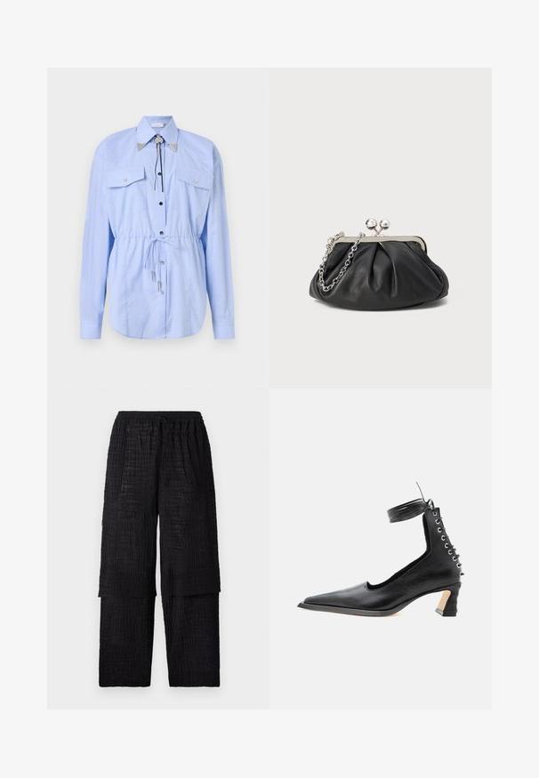 Rabanne Blúzka so zapínaním na gombíky - tartan/blue/yellow; Henrik Vibskov SHANTS PANTS - Nohavice - black; Čierna kožená nízko podpätková topánka so špicatou špičkou, šnurovacím detailom na päte a remienkom okolo členka na bielom jednoduchom pozadí.; Čierna kožená kabelka s vrúbkovou textúrou, strieborným kovovým rámom, uzáverom na pobozkanie a retiazkou na nosenie. Hladký, jemný povrch.