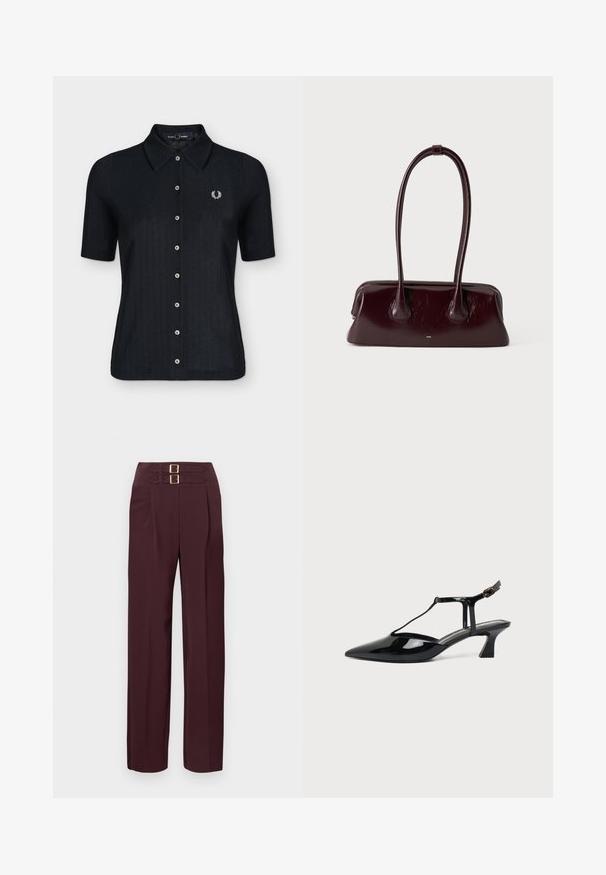 Polo noir à manches courtes avec boutons et col, avec un logo couronne de laurier brodé en blanc sur la poitrine gauche.; Pantalon taille haute de couleur bordeaux foncé avec deux sangles à boucle dorée en haut et une coupe droite.; Chaussure slingback en cuir verni noir à bout pointu avec bride en T et petit talon bloc incliné sur fond blanc.; Sac à main en cuir brun foncé brillant avec de longues anses fines et une base rectangulaire structurée sur un fond clair uni.