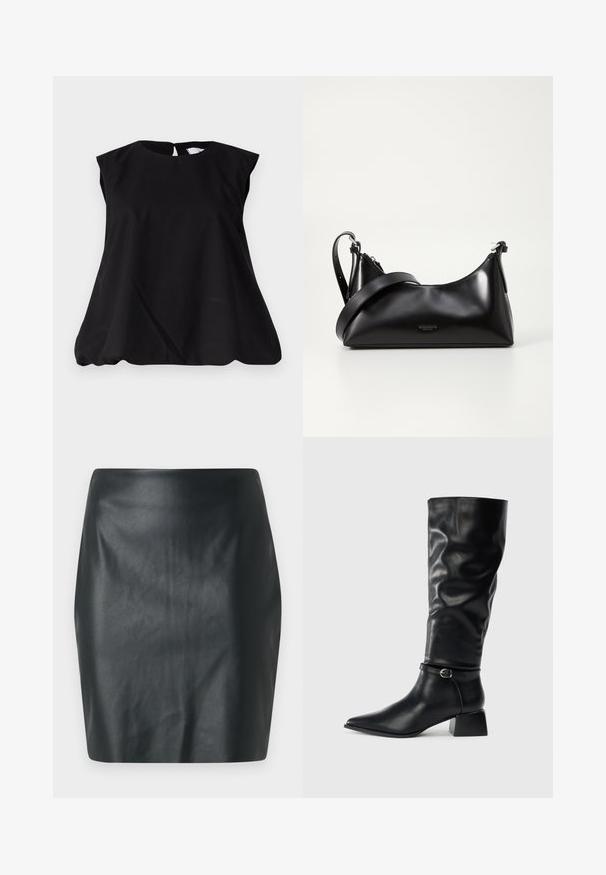 Sort ærmeløs top med rund halsudskæring, der har en nøglehul-rygdesign og en subtil A-formet facon for en afslappet pasform. Lavet af letvægtsstof.; Sort faux læder mini skirt med en glat tekstur, slim fit og lige pasform. Ingen synlig hardware eller udsmykninger.; Sort skindstøvle til midt på læggen med lav blokhæl, spids tå og dekorativ ankelrem med sølvspænde på en ensfarvet baggrund.; Sort læderhåndtaske med en glat tekstur. Har en justerbar stropp og et enkelt, minimalistisk design med lynlås.