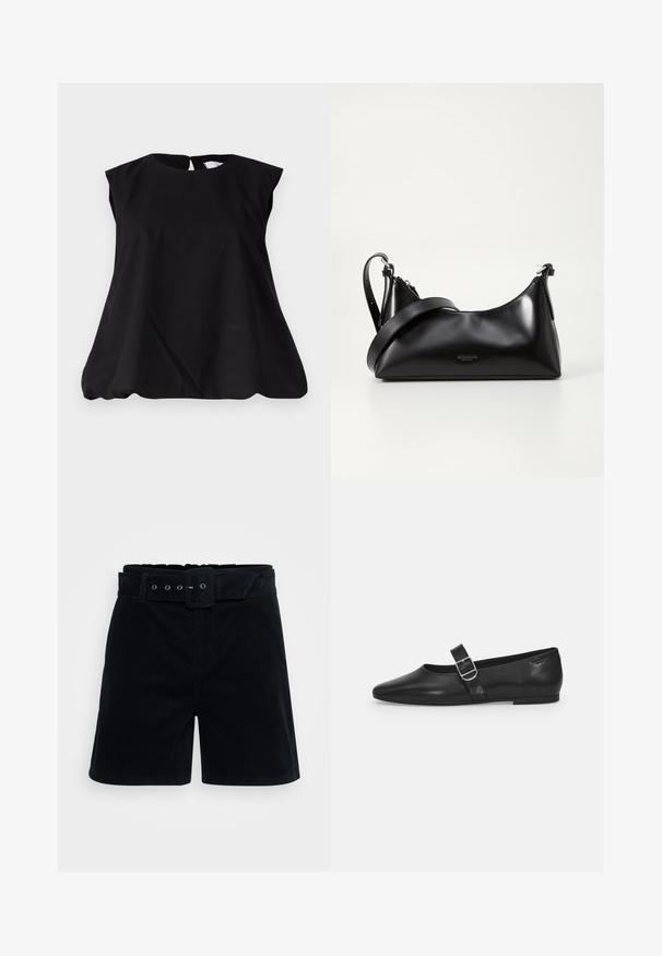 Sort ærmeløs top med rund halsudskæring, der har en nøglehul-rygdesign og en subtil A-formet facon for en afslappet pasform. Lavet af letvægtsstof.; ONLY Tall ONLNESSA BELT - Shorts - black; Sorte læder flade sko med rund tå, et enkelt justerbart spænde og en glat, blank overflade. Minimalistisk design med en lav hæl.; Sort læderhåndtaske med en glat tekstur. Har en justerbar stropp og et enkelt, minimalistisk design med lynlås.