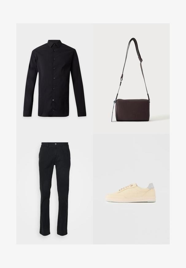 Chemise noire à manches longues avec boutons et col pointu, affichée à plat sur un fond gris clair.; Pantalon en coton noir avec une coupe droite, doté d'une fermeture à bouton à l'avant et de passants de ceinture. Texture lisse, détails de couture minimaux.; Baskets basses beige à lacets, semelle rose clair et languette grise à l'arrière marquée "Filling Pieces", vues de profil sur fond uni.; Sac bandoulière en cuir marron foncé texturé avec une sangle réglable et un petit accent décoratif bleu sur le côté.