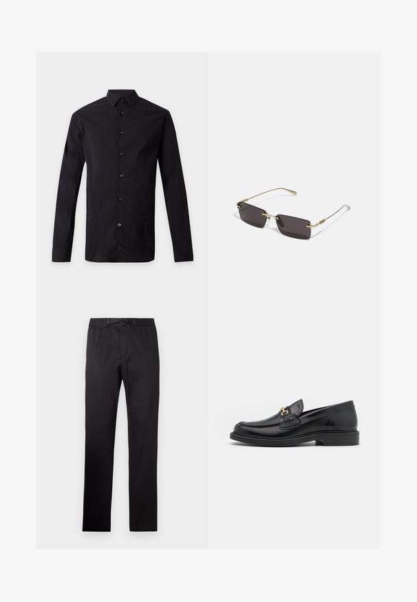 Sort langærmet skjorte med knapper og spids krave, vist fladt mod en lys grå baggrund.; Sorte bukser med elastisk talje og snor. Har en glat tekstur og lige ben-design. Minimalistisk stil uden mønstre.; Sorte læder loafers med en rund tå, der har guld hardware accent og syningsdetaljer, placeret på en lav, tekstureret gummisål.; Sorte rektangulære solbriller med en tynd guldmetalramme og dekorative detaljer på stængerne. Letvægtsdesign og tonede linser.