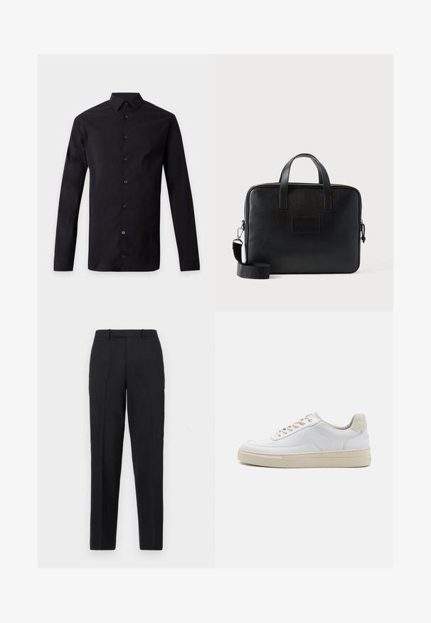 Chemise noire à manches longues avec boutons et col pointu, affichée à plat sur un fond gris clair.; Theory STRAIGHT - Pantalon classique - deep black; Sneaker blanche avec un dessus en cuir lisse, des lacets beige et un onglet de talon en daim beige texturé. Semelle surélevée pour une hauteur supplémentaire.; Sacoche d'ordinateur portable en cuir noir avec deux poignées supérieures, une bandoulière amovible, une surface texturée et une forme rectangulaire. Patch logo embossé visible.