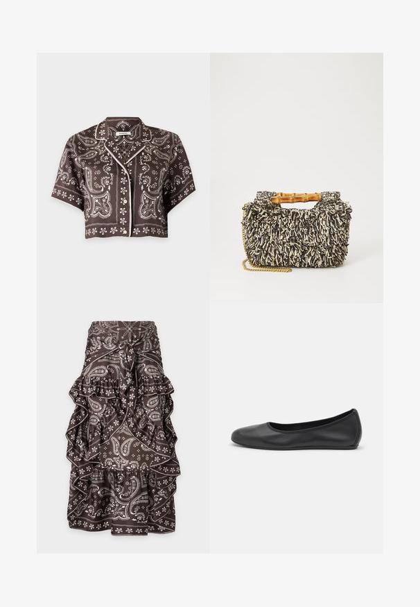 Chemise courte à manches courtes boutonnée, avec motifs cachemire et floraux marron, passepoil blanc le long du col et à l'avant.; Jupe marron avec motifs paisley et floraux blancs, volants superposés et nœud à l'avant à la taille.; Ballerines en cuir noir avec un bout rond, texture lisse, détails de couture minimalistes et design de semelle flexible.; Sac tissé avec un motif texturé noir et crème, une poignée en bambou et une bandoulière en chaîne dorée amovible. Forme rectangulaire compacte.