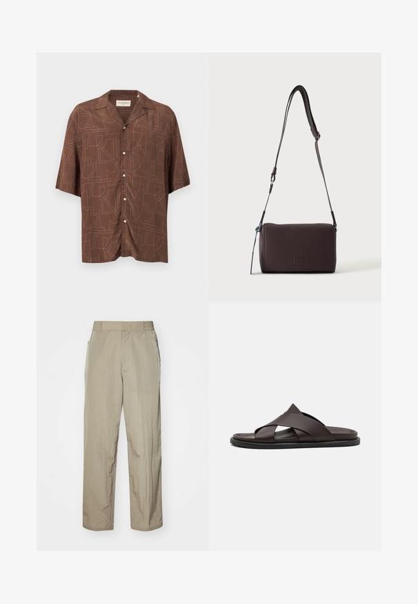 Chemise marron à manches courtes boutonnée avec col pointu et motif géométrique abstrait cousu sur toute la surface.; Pantalons légers beiges à coupe décontractée, dotés d'une taille élastique et de poches latérales. Le tissu semble texturé et légèrement froissé.; Stuart Weitzman BERKLEY - Mules - espresso; Sac bandoulière en cuir marron foncé texturé avec une sangle réglable et un petit accent décoratif bleu sur le côté.
