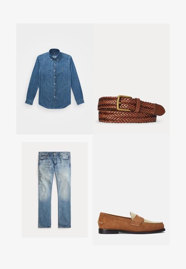Denim-paita, jossa on pitkät hihat, nappikaulus ja hienovarainen pystyraitakuositus, keskitummansinisessä värissä logoteemalla.; Vaaleansiniset farkut, joissa on haalistunut pesu, kuluneet yksityiskohdat, maalisirruja, perinteinen viisi taskua -muotoilu ja suoralahkeinen istuvuus.; Polo Ralph Lauren ALSTON SUEDE PENNY LOAFER - Loaferit/pistokkaat - teak/bone; Punosnahkainen ruskea vyö messinkisellä soljella ja nahkainen kärjellä, rullattu valkoiselle taustalle.