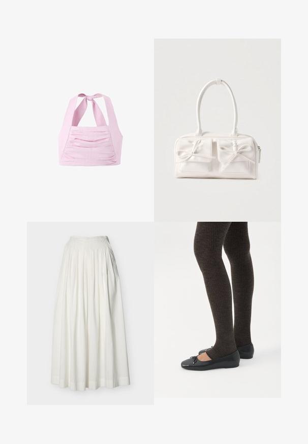 Top court licou rose clair avec un nœud noué au niveau du cou et un détail en tissu plissé horizontal à l'avant.; Longue jupe blanche plissée avec une taille ajustée et un ourlet large, présentée sur un fond uni.; Jambes portant des leggings côtelés foncés associés à des ballerines noires avec de petits détails en nœud sur fond blanc.; Sac à main synthétique blanc avec deux poches avant, chacune ornée d'un nœud noué. Texture lisse, anses arrondies et fermeture zippée.