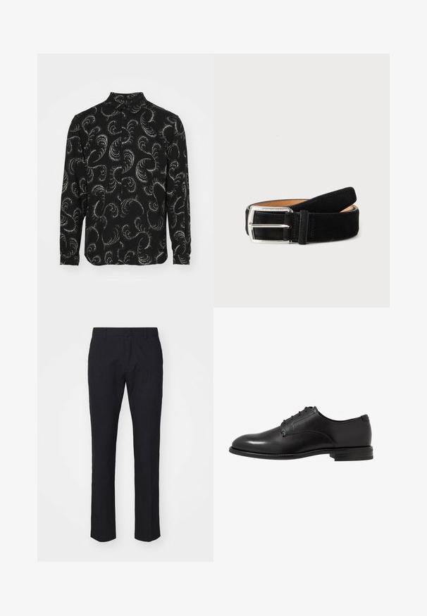 Chemise noire à boutons avec des motifs en paisley blancs tourbillonnants, manches longues et col classique, fabriquée en tissu léger.; Pantalon bleu marine avec une coupe ajustée, fabriqué en tissu lisse. Il présente un devant plat, des passants de ceinture et des jambes droites avec un ourlet soigné.; Chaussure de ville en cuir noir avec une finition lisse, bout arrondi, six œillets et un talon bas empilé. Design simple et classique.; Ceinture en cuir suédé noire avec boucle rectangulaire argentée, roulée soigneusement sur un fond clair uni.