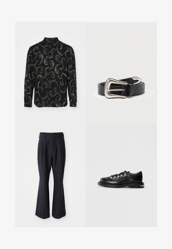 Chemise noire à boutons avec des motifs en paisley blancs tourbillonnants, manches longues et col classique, fabriquée en tissu léger.; Pantalons noirs ajustés avec une coupe décontractée, devant plissé et jambes larges. Caractéristiques d'un ourlet à retournement et d'une texture de tissu lisse.; Chaussure noire en cuir basse avec semelle épaisse, œillets en métal, breloques en argent décoratives sur les lacets et semelle à motif texturé.; Ceinture en cuir noir avec une grande boucle de style western argentée et une pointe de ceinture argentée assortie, enroulée sur un fond blanc.