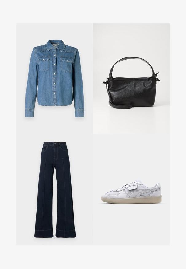 La chemise en denim présente une teinte bleu clair, un col classique et deux poches poitrine. Elle est dotée de boutons-pression et de manches longues avec des poignets à boutons.; Jean large bleu foncé à taille haute, avec des poches avant et des coutures visibles. Fabriqué en denim avec une texture lisse.; Baskets blanches en cuir avec des accents gris, fermeture à lacets et semelle en caoutchouc texturée. Présente un logo bien en vue sur le côté.; Sac à main en cuir noir au design structuré, avec une poignée arrondie et une bandoulière amovible. Présente une texture lisse et un éclat subtil.