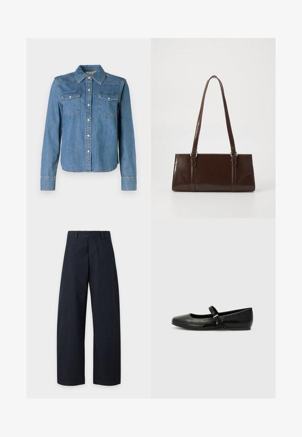 La chemise en denim présente une teinte bleu clair, un col classique et deux poches poitrine. Elle est dotée de boutons-pression et de manches longues avec des poignets à boutons.; Pantalon bleu marine à jambes larges, avec passants de ceinture et fermeture éclair sur le devant, sur un fond clair uni.; Ballerines en cuir noir avec un bout arrondi, une semelle plate et une fine sangle ajustable sur le cou-de-pied avec une boucle en métal.; Sac à main en cuir verni marron de forme rectangulaire, avec deux longues poignées et des accents courbés subtils à l'avant.
