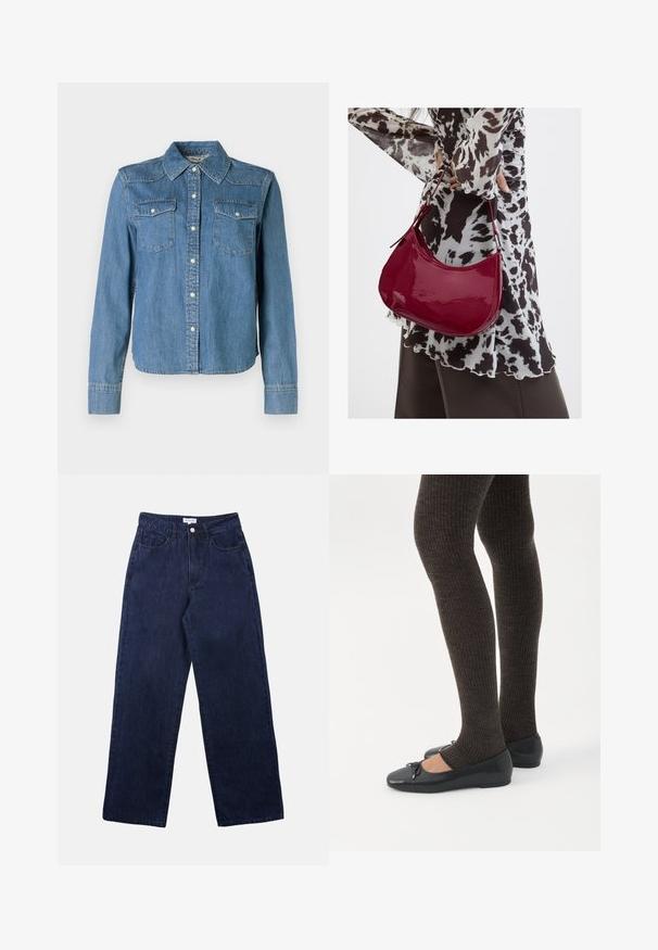 La chemise en denim présente une teinte bleu clair, un col classique et deux poches poitrine. Elle est dotée de boutons-pression et de manches longues avec des poignets à boutons.; Pantalons en denim bleu foncé avec une coupe droite, dotés d'une fermeture à bouton à l'avant, de passants de ceinture et de deux poches avant.; Jambes portant des leggings côtelés foncés associés à des ballerines noires avec de petits détails en nœud sur fond blanc.; Femme portant un chemisier à motif noir et blanc tenant un sac à main rouge brillant sur un fond uni.