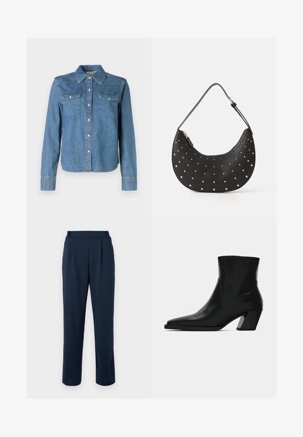 La chemise en denim présente une teinte bleu clair, un col classique et deux poches poitrine. Elle est dotée de boutons-pression et de manches longues avec des poignets à boutons.; Pantalon bleu marine à coupe droite, avec une taille haute, des plis, et une texture lisse et douce. Aucun élément métallique visible ni motif.; Bottine en cuir noir avec un bout pointu, une silhouette élégante et un talon carré massif. Texture lisse avec des détails de couture minimalistes.; Sac à main en cuir noir avec une forme arrondie, orné de clous en argent, doté d'une fermeture éclair et d'une seule sangle ajustable.