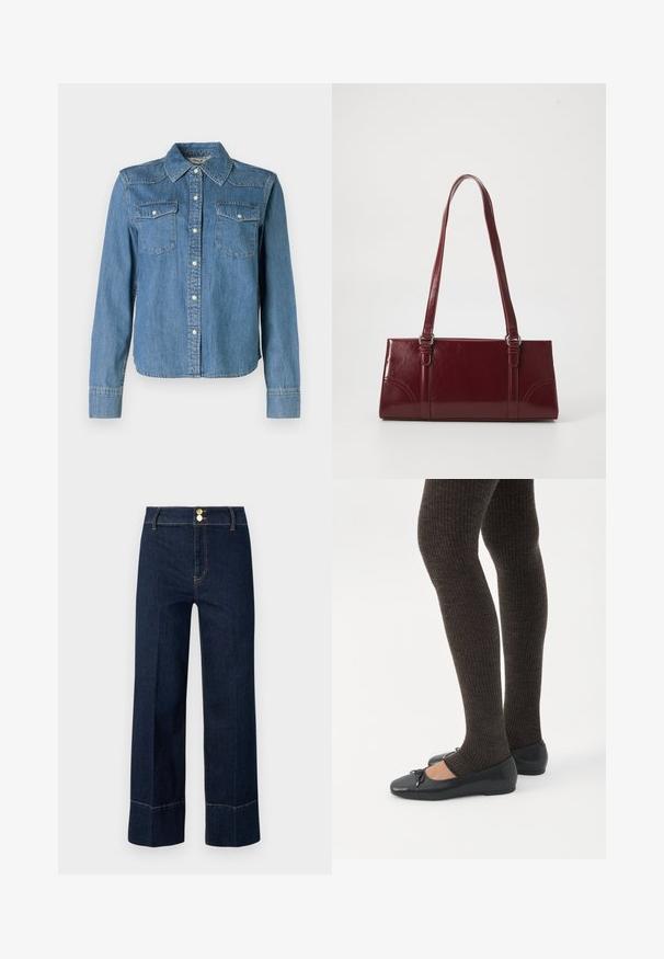 La chemise en denim présente une teinte bleu clair, un col classique et deux poches poitrine. Elle est dotée de boutons-pression et de manches longues avec des poignets à boutons.; Jeans taille haute large bleu marine avec double bouton doré et surpiqûres orange visibles sur un fond clair.; Jambes portant des leggings côtelés foncés associés à des ballerines noires avec de petits détails en nœud sur fond blanc.; Sac à main bordeaux en matériau brillant, de forme rectangulaire, avec deux anses et des accents légèrement courbés à l'avant.