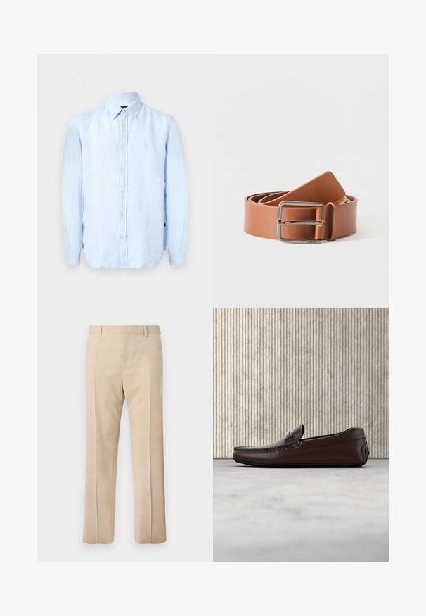 Chemise bleu clair à manches longues avec boutons et col pointu, fabriquée dans un tissu légèrement texturé.; Pantalon beige sur mesure avec passants pour ceinture, pli devant et fermeture éclair dissimulée, présenté sur un fond uni.; Mocassins en cuir marron avec une finition lisse, des coutures de style mocassin, un bout rehaussé et une semelle en caoutchouc basse et flexible.; Ceinture en cuir marron clair enroulée avec une boucle métallique rectangulaire argentée brillante sur fond blanc.