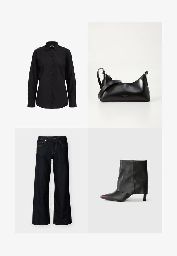 Schwarzes Langarm-Hemd mit Knöpfen aus glattem Stoff, mit klassischem Kragen, vorderen Knöpfen und taillierter Passform.; Dunkelblaue Jeans mit weitem Bein, vorne mit Knopf, Reißverschluss und Fünf-Taschen-Stil auf hellem einfarbigem Hintergrund.; Schwarzer Knöchelstiefel aus glattem Leder mit spitzer Zehenpartie und schmalem Absatz. Das Obermaterial zeichnet sich durch ein leicht gerafftes Design aus.; Schwarze lederne Handtasche mit glatter Textur. Verfügt über einen verstellbaren Riemen und ein elegantes, minimalistisches Design mit einem Reißverschluss.