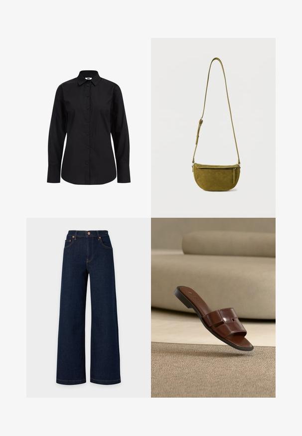 Zwarte langetermijn overhemd met knopen, gemaakt van gladde stof, met een klassieke kraag, knopen aan de voorkant en een getailleerde pasvorm.; Donkerblauwe denim jeans met wijde pijpen, voorzakken, riemlussen en zichtbare oranje stiksel op een lichte achtergrond.; Bruine leren slipper met uitgefreesd ontwerp op een gestructureerd beige tapijt voor een neutrale bank als achtergrond.; Olijfgroene suède schoudertas met verstelbare riem en ritssluiting aan de voorkant op een effen witte achtergrond.