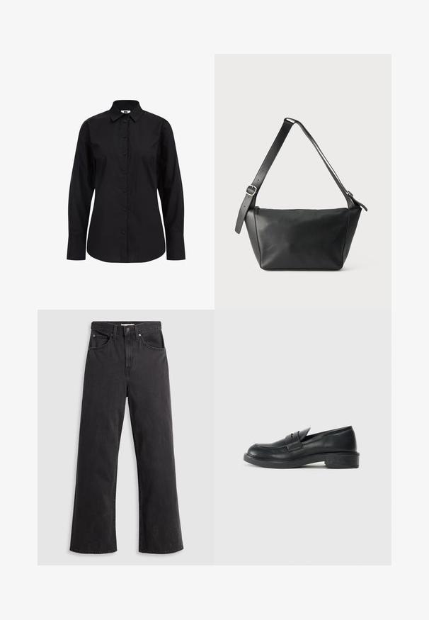 Schwarzes Langarm-Hemd mit Knöpfen aus glattem Stoff, mit klassischem Kragen, vorderen Knöpfen und taillierter Passform.; Schwarze Denim-Weitbein-Jeans mit hohem Bund, fünf Taschen und Metallknopfverschluß. Der Stoff hat eine glatte, leicht verblichene Textur.; Schwarze Lederloafers mit abgerundetem Zehenbereich, genähten Details und kleinem Absatz. Glatte Textur und eine flexible Gummisohle.; Schwarze Leder-Schultertasche mit breitem, verstellbarem Riemen und silberner Schnalle, vor schlichtem hellem Hintergrund dargestellt.
