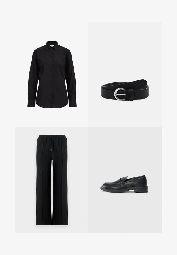 Zwarte langetermijn overhemd met knopen, gemaakt van gladde stof, met een klassieke kraag, knopen aan de voorkant en een getailleerde pasvorm.; Zwarte sweatpants met brede pijpen, een elastische tailleband en een trekkoord. Gemaakt van zacht katoen, met vooraan naden voor extra detail.; Zwarte leren instappers met een ronde punt, gestikte details en een kleine hak. Soepele textuur en een flexibele rubberen zool.; Zwarte leren riem met een zilveren ronde gesp, vlak ontwerp, taps toelopend uiteinde, gladde textuur en minimalistische stijl.