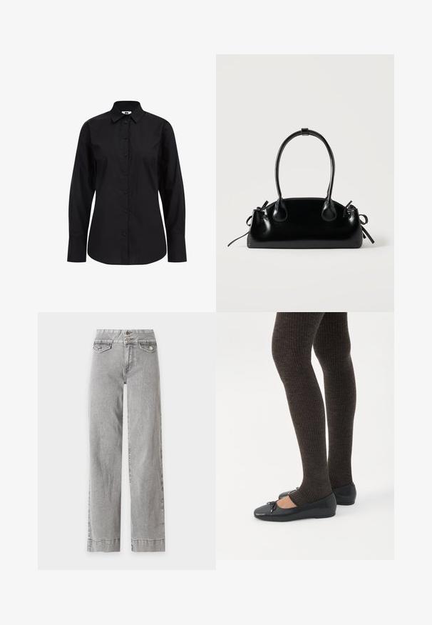 Zwarte langetermijn overhemd met knopen, gemaakt van gladde stof, met een klassieke kraag, knopen aan de voorkant en een getailleerde pasvorm.; Jeans met hoge taille, lichtgrijs en wijde pijpen, met klepzakken aan de voorkant en dubbele knoopsluiting in de tailleband.; Benen met donkere geribbelde leggings gecombineerd met zwarte ballerina's met kleine strikdetails op een witte achtergrond.; Kleine zwarte glanzende handtas met twee lange hengsels en zijkant trekkoord details op een effen lichte achtergrond.