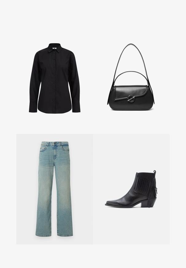 Zwarte langetermijn overhemd met knopen, gemaakt van gladde stof, met een klassieke kraag, knopen aan de voorkant en een getailleerde pasvorm.; Lichtblauwe denim jeans met een hoge taille, wijde benen en een klassiek vijf-pocket ontwerp. Voorzien van subtiele vervaging en een knoopsluiting.; Zwarte leren enkellaars met spits toelopende neus, textuurranden aan de zijkant en een lage blokhak. Soepele afwerking met een elastisch paneel.; Zwarte leren schoudertas met een gebogen klep die is bevestigd met een ronde metalen sluiting en een smalle, verstelbare band.