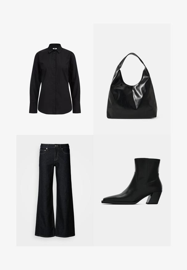 Chemise noire à manches longues, boutonnée, en tissu lisse, avec un col classique, des boutons sur le devant et une coupe ajustée.; Jean en denim foncé à jambes larges avec une taille haute, un design à cinq poches et une couture contrastée jaune le long des coutures.; Bottine en cuir noir avec un bout pointu, une silhouette élégante et un talon carré massif. Texture lisse avec des détails de couture minimalistes.; Sac hobo en cuir noir avec une texture douce et brillante et un haut ouvert arrondi. Dispose d'une large sangle courbée pour le transport. Pas de matériel visible.