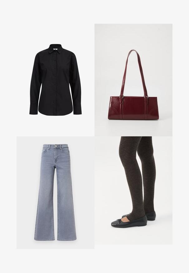 Zwarte langetermijn overhemd met knopen, gemaakt van gladde stof, met een klassieke kraag, knopen aan de voorkant en een getailleerde pasvorm.; Lichtblauwe denim jeans met een wijde pijp en hoge taille, voorzien van een knoop- en ritssluiting aan de voorkant, met voor- en achterzakken, getoond tegen een witte achtergrond.; Benen met donkere geribbelde leggings gecombineerd met zwarte ballerina's met kleine strikdetails op een witte achtergrond.; Bourgondische handtas van glanzend materiaal, rechthoekige vorm, met twee schouderbanden en subtiele gebogen accenten aan de voorkant.