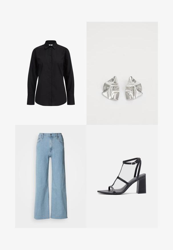 Schwarzes Langarm-Hemd mit Knöpfen aus glattem Stoff, mit klassischem Kragen, vorderen Knöpfen und taillierter Passform.; Hellblaue weite Jeans aus Denim, mit einer enganliegenden Taille, Fünf-Taschen-Design und dezenten Nähdetails.; Schwarze Absatzsandalen mit quadratischer Zehenpartie und Blockabsatz. Verfügt über dünne Riemen und eine verstellbare Knöchelchnalle. Glatte Lederoberfläche.; Silberne Metallohrringe mit einem wellenförmigen, skulpturalen Design, das eine polierte Oberfläche und unregelmäßige Formen aufweist, die eine zeitgenössische Ästhetik betonen.