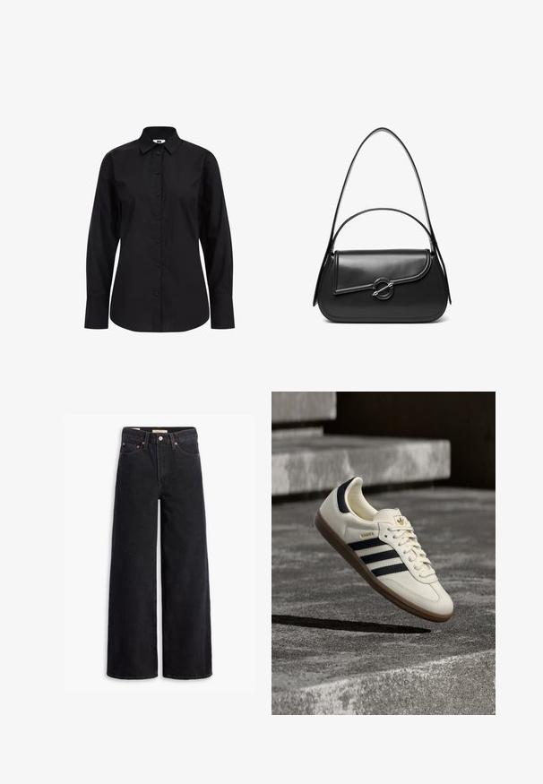 Chemise noire à manches longues, boutonnée, en tissu lisse, avec un col classique, des boutons sur le devant et une coupe ajustée.; Jean noir à jambe large en denim, comportant cinq poches, des rivets en laiton et une fermeture à bouton classique. Texture lisse avec un design épuré.; Baskets blanches Adidas Samba avec des bandes noires et une semelle en gomme, flottant au-dessus de marches en béton gris texturé.; Sac à bandoulière en cuir noir avec un rabat incurvé fermé par un fermoir métallique rond et une sangle fine et ajustable.