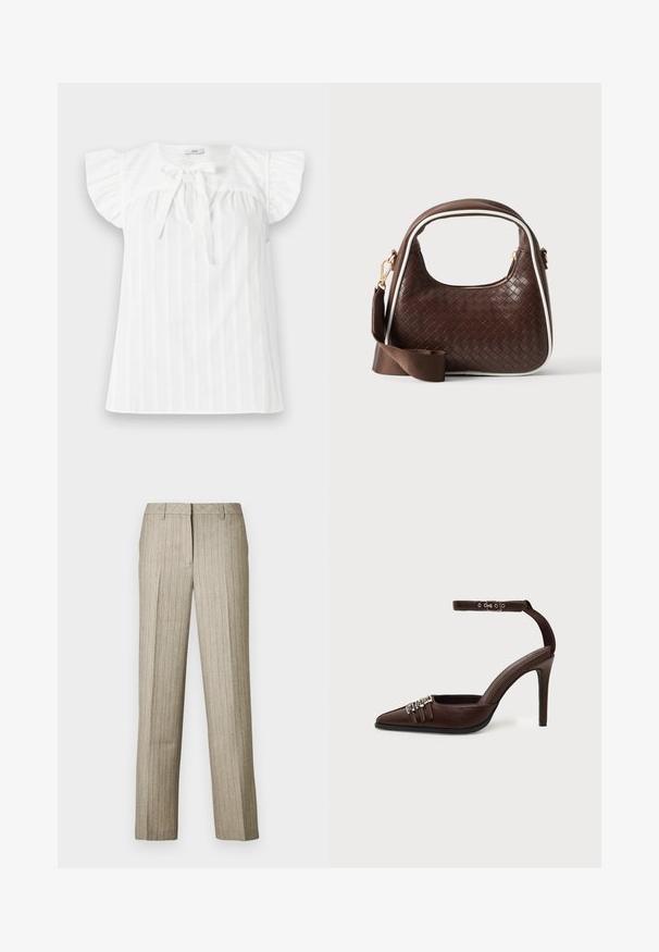 Blouse blanche avec des manches courtes à volants, un buste froncé et un détail de nouage à l'avant. Présente des rayures verticales et un col rond.; Pantalon beige à fines rayures avec une coupe droite, doté d'une ceinture structurée et d'une texture subtile sur l'ensemble du tissu.; Chaussure à talon haut en cuir marron avec bout pointu, trois petites boucles argentées sur le devant et bride de cheville réglable avec boucle.; Sac à main en cuir tressé marron avec passepoil blanc, fermeture éclair dorée et bandoulière amovible en tissu marron.