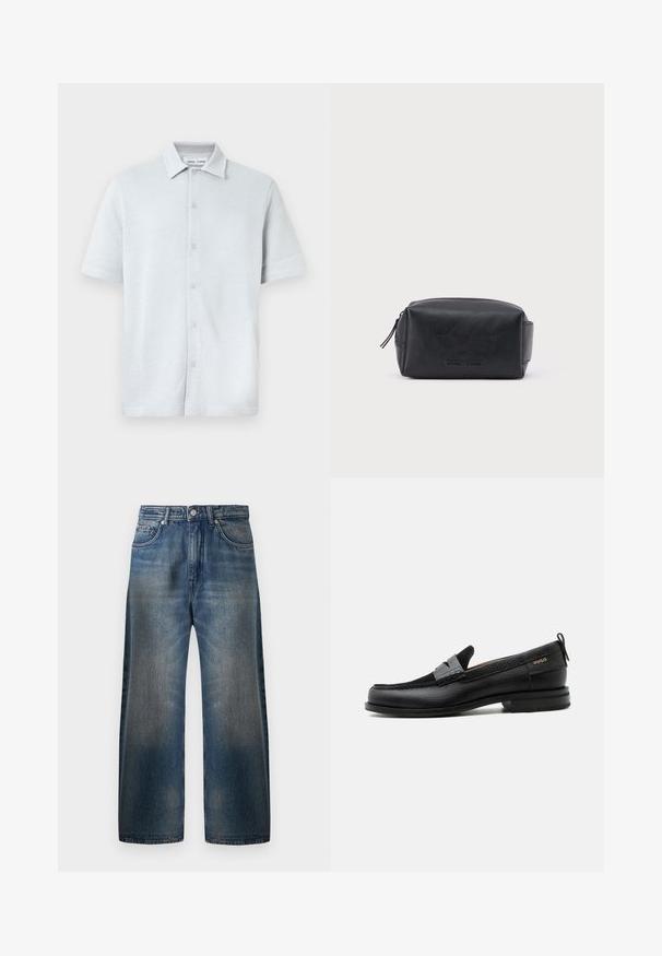 Kortærmet skjorte med krave i lyseblåt, tekstureret stof med diamantmønster, med knaplukning foran og lige kant.; Vide ben blå denim jeans med en falmet finish, der har fem lommer, en knaplukning og synlige syninger.; Sort læderloafer med grå remdetalje, lav hæl og tekstureret sål, mærket med "HUGO" i guld på siden.; Sort rektangulær lædertoilettaske med lynlås og præget brandnavn foran, sat mod en ensartet hvid baggrund.